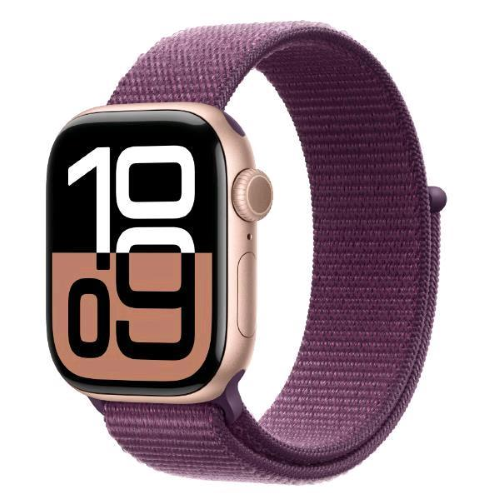 Apple Watch Series 10 (GPS + Cellular) - 46 mm - alluminio oro rosa - smartwatch con sport loop - nylon morbido a doppio strato - prugna - dimensione del polso: 130-200 mm - 64 GB - LTE, Wi-Fi 4, UWB, Bluetooth - 4G - 35.3 g